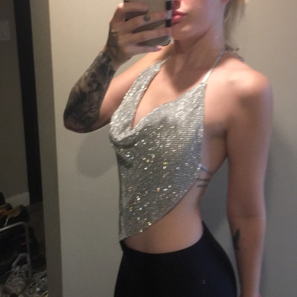 Silver diamanté chain mail top - Picture 3 of 5